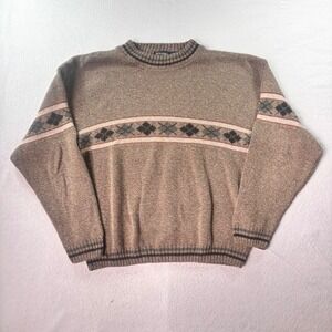 Scandia Made in USA Crewneck Sweater L Wool Blend Nordic Fair Isle Brown Vintage